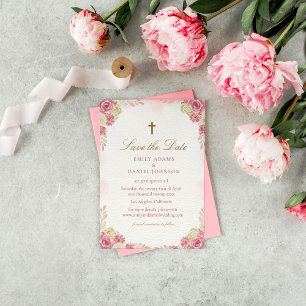 Save The Date Mariage catholique chrétien traditionnel rose