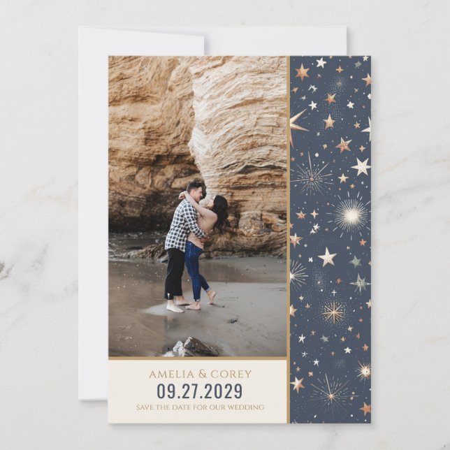 Save The Date Mariage céleste bleu et or (Devant)