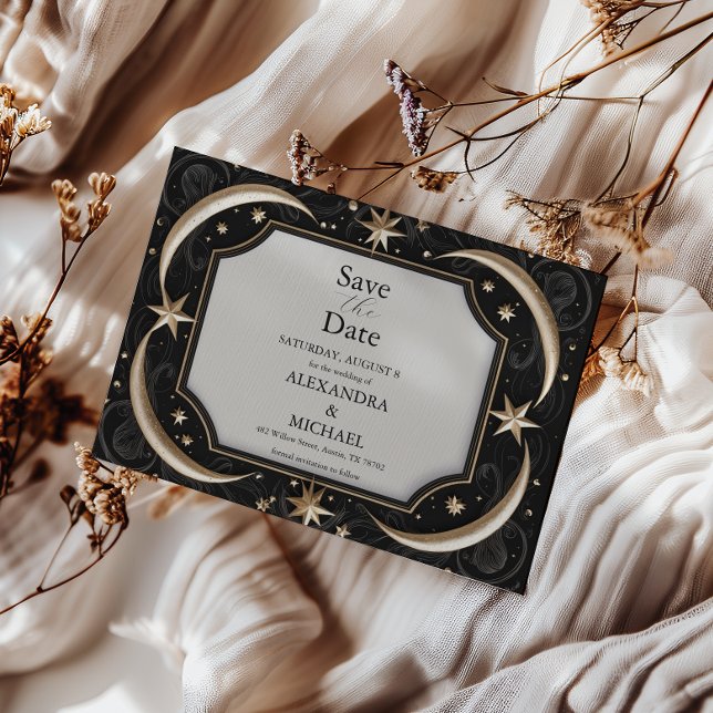 Save The Date Mariage céleste de minuit noir étoiles lune (Créateur téléchargé)