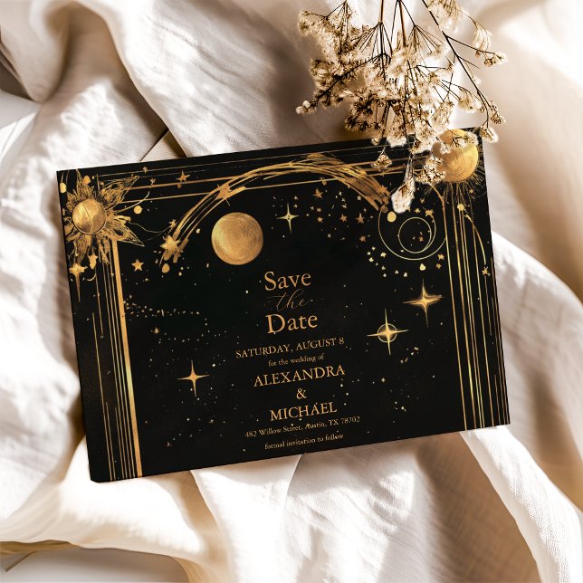 Save The Date Mariage céleste de minuit noir étoiles lune (Créateur téléchargé)