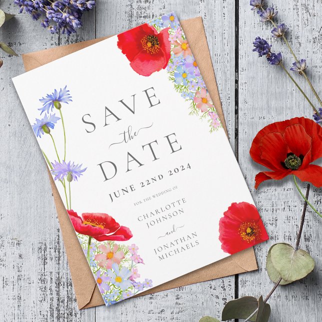Save The Date Mariage Champêtre aux Couleurs Vives Modernes (Colorful watercolor wildflower wedding save the date invitation elegant script)