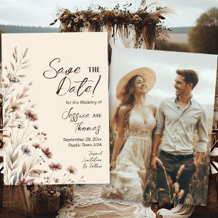 Save The Date Mariage champêtre boho chic avec photo de fleurs s