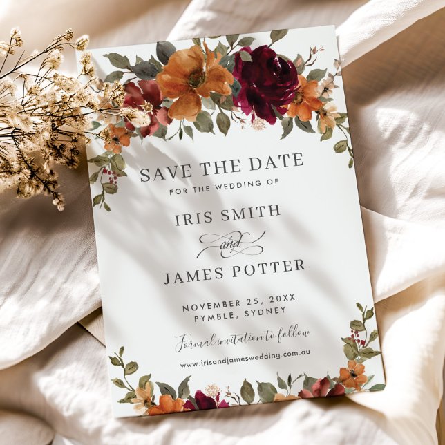 Save The Date Mariage Champêtre Chic Bourgogne et Orange Brûlé F (rustic-elegant-burgundy-burnt-orange-floral-autumn-fall-wedding-save-the-date-cards-printed-digital)