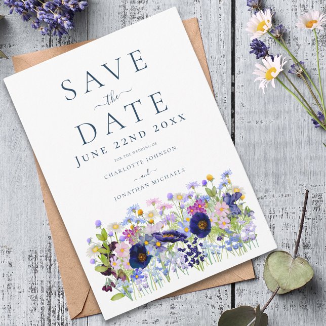 Save The Date Mariage Champêtre Moderne (Colorful wildflower meadow blue wedding save the date invitation )