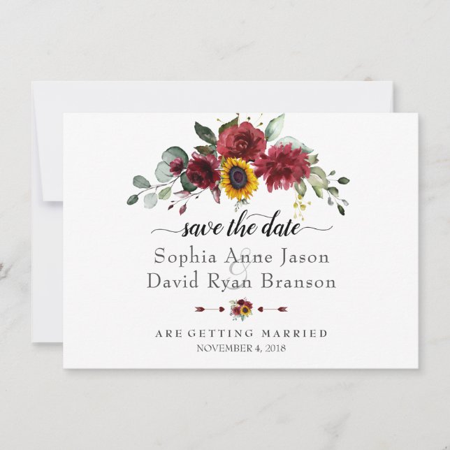 Save The Date Mariage Charm Burgundy Tournesols Calligraphie (Devant)