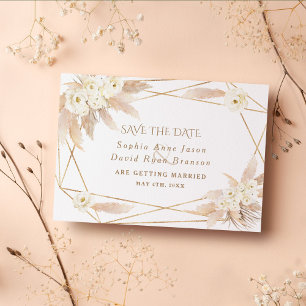 Save The Date Mariage Charm White Roses Herbe de la Pampa Or