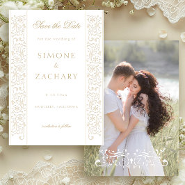 Save The Date Mariage Chic Formel Bordure Ecru à Rinceaux