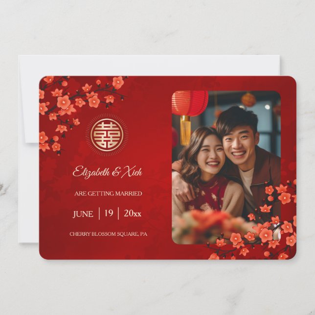 Save The Date Mariage chinois double bonheur cerise fleurs (Devant)