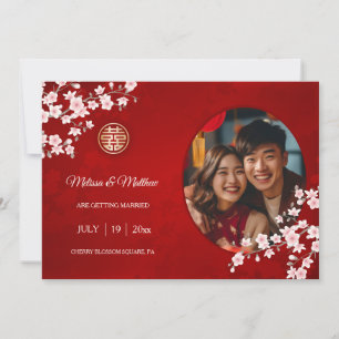 Save The Date Mariage chinois double bonheur cerise fleurs