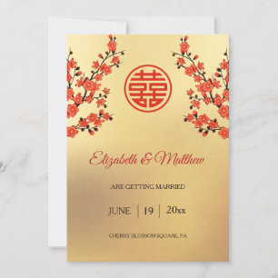Save The Date Mariage chinois double bonheur cerise fleurs