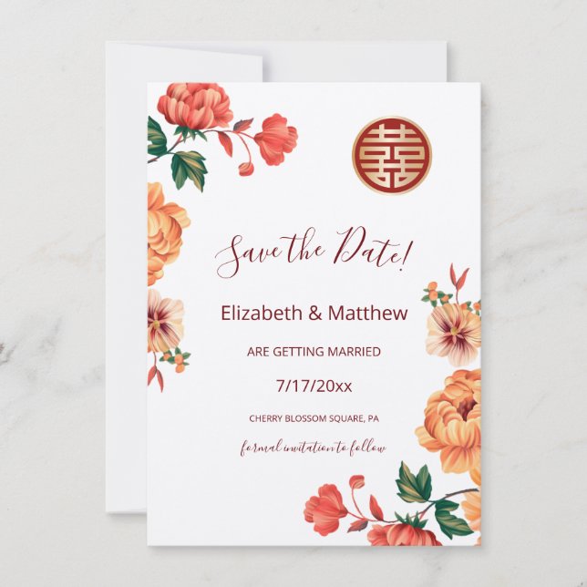 Save The Date Mariage chinois Peony Double Bonheur (Devant)