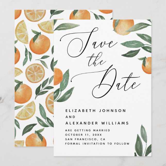 Save The Date Mariage Citron Toscane | Écriture Élégante Orange (Devant / Derrière)