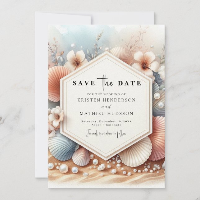 Save The Date Mariage classique à Seashell Beach (Devant)