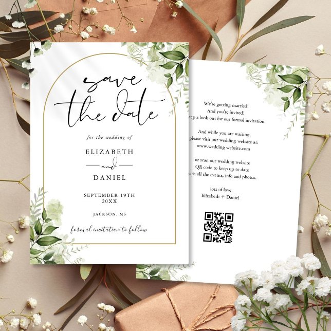Save The Date Mariage Code QR Arche de Feuillage Doré Rustique (Rustic Greenery Gold Arch QR Code Wedding Save The Date)