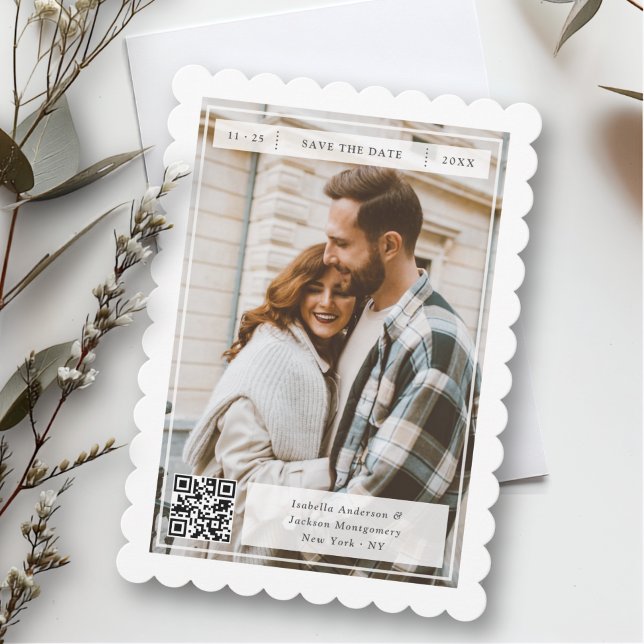 Save The Date Mariage Code QR Timbre Postal Rétro Moderne (Créateur téléchargé)