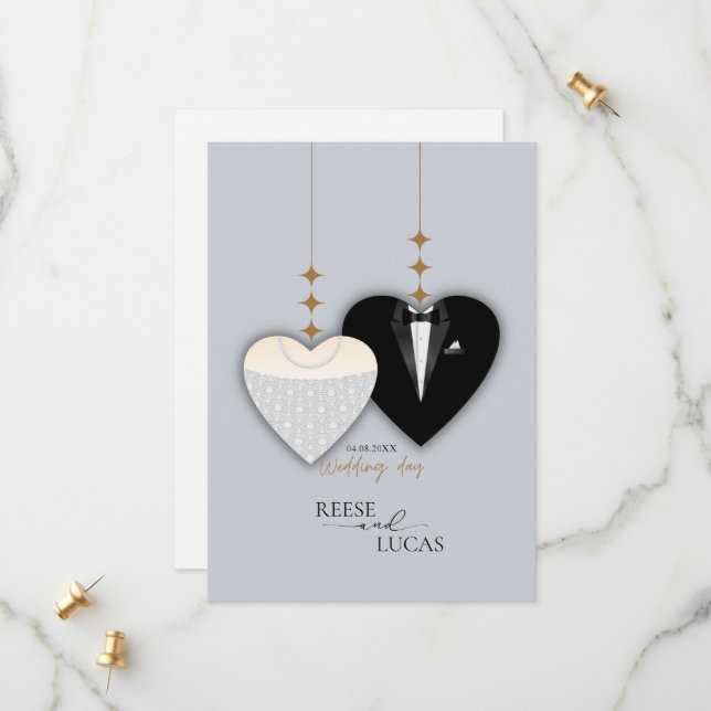 Save The Date Mariage coeur illustration blanche moderne noire (Devant/Arrière en situation)