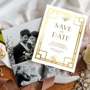 Save The Date Mariage Collage Photo Art Déco Or Blanc