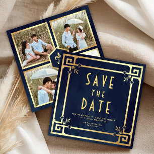 Save The Date Mariage Collage Photo Art Déco Or Bleu Marine