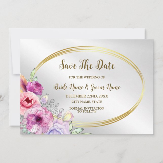 Save The Date Mariage Colorful rose Floral Golden Frame Élégant (Devant)