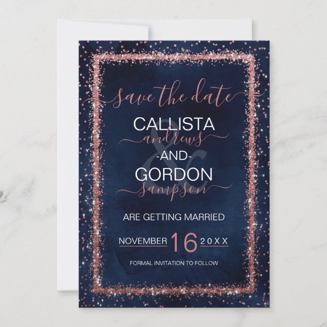 Save The Date Mariage Confettis Saupoudrés Rose Gold et Bleu de  (Devant)