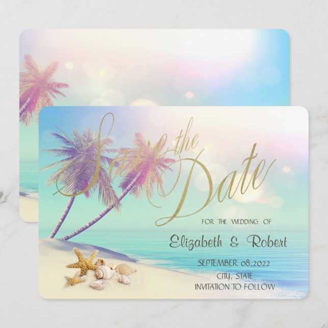 Save The Date Mariage Coquillages Plage Palmiers  Enregistrer La (Devant / Derrière)