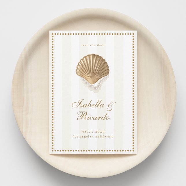 Save The Date Mariage côtier en coquille dorée à rayures jaunes (Créateur téléchargé)