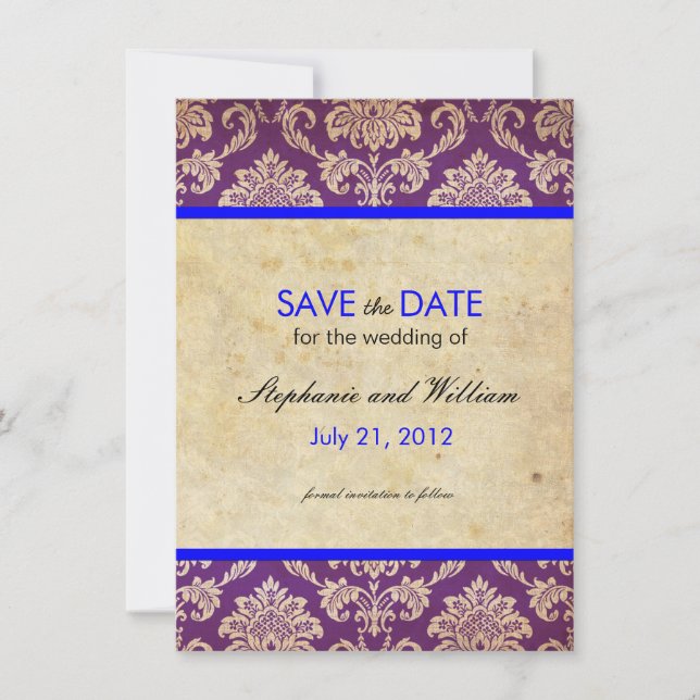Save The Date Mariage damassé bleu et violet Enregistrer la date (Devant)