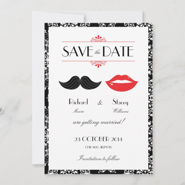 Save The Date Mariage damassé rouge, noir et blanc moustache et  (Devant)