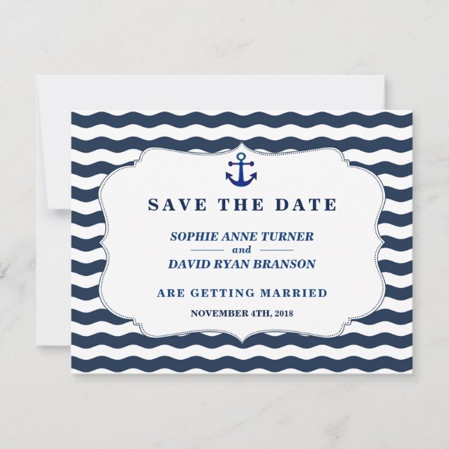 Save The Date Mariage d'Ancre Chic Nautical Navy Waves (Devant)
