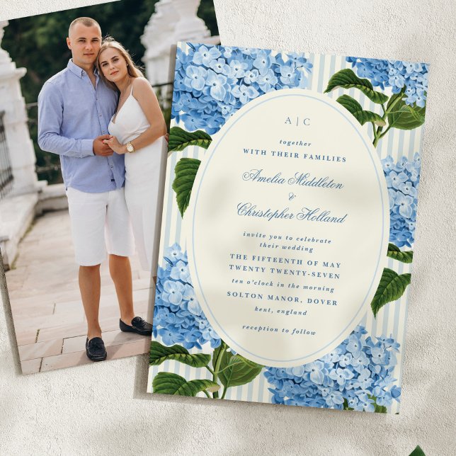 Save The Date Mariage dans le jardin de l'Hydrangea Blue Preppy (blue watercolour vintage hydrangea flowers save the date card with photo on back)