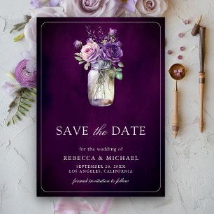 Save The Date Mariage dans un pot Mason aux fleurs violettes som