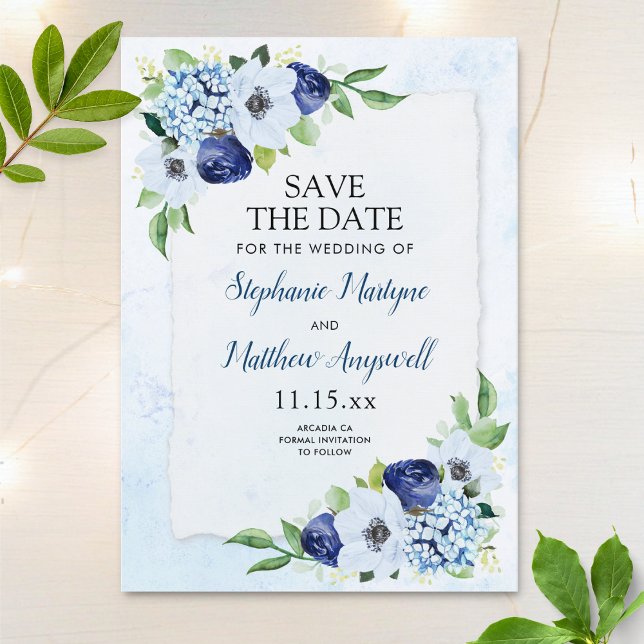 Save The Date Mariage d'aquarelle de la flore bleu-poussiéreux (Créateur téléchargé)
