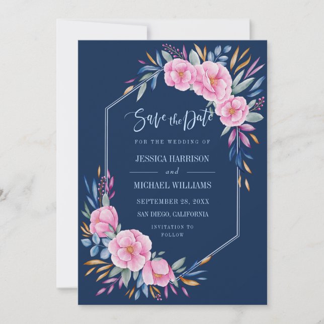 Save The Date Mariage d'aquarelle florale bleu marine (Devant)