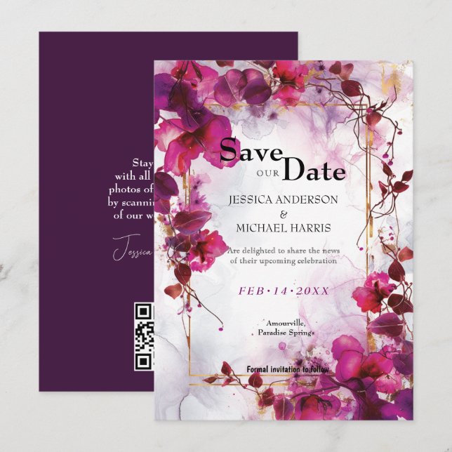 Save The Date Mariage d'aquarelle Fuchsia (Devant / Derrière)