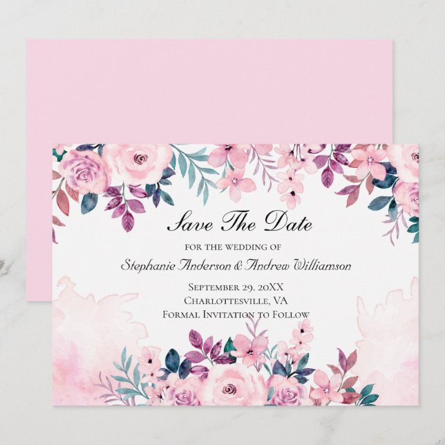 Save The Date Mariage d'aquarelle rose violet vert (Devant / Derrière)