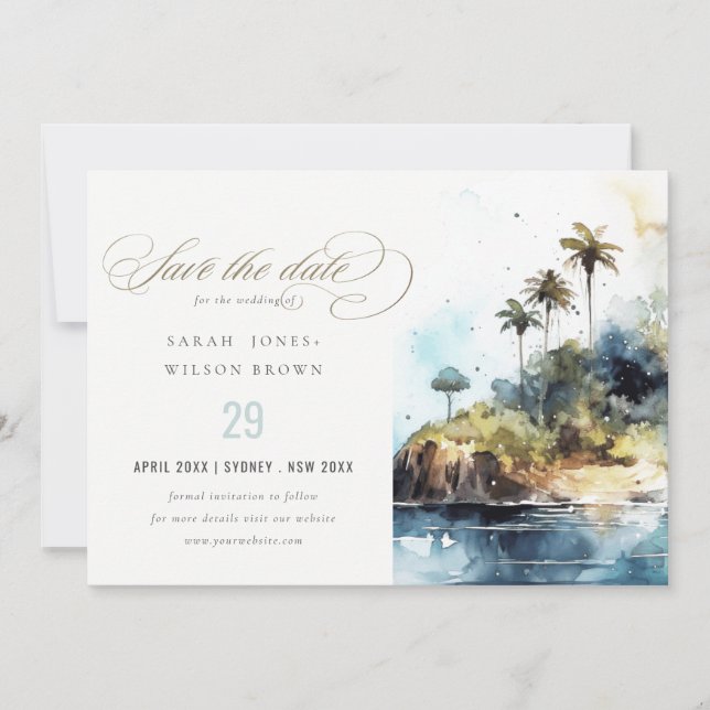 Save The Date Mariage d'aquarelle Seascape Palm Tree Island (Devant)