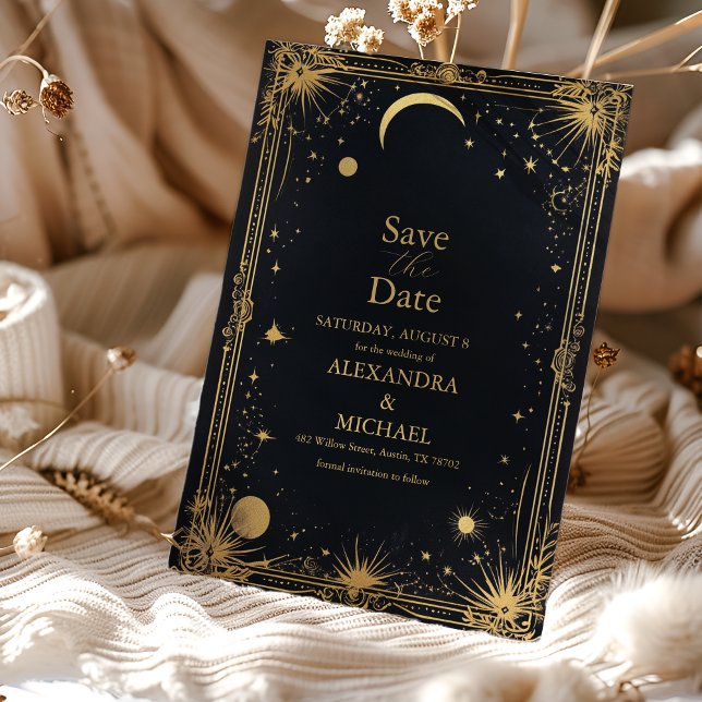 Save The Date Mariage d'astronomie de la Lune d'or noir céleste (Créateur téléchargé)