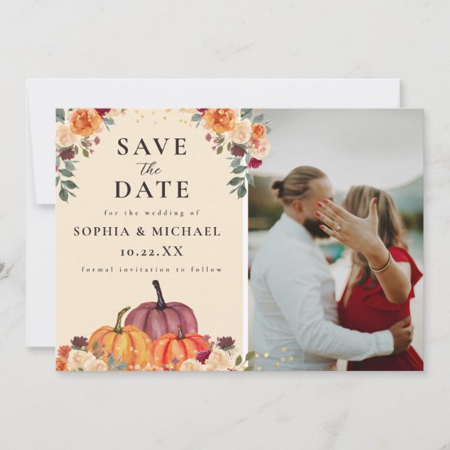 Save The Date Mariage d'automne de citrouilles florales à l'aqua (Devant)