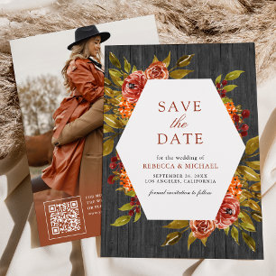 Save The Date Mariage d'automne floral bois gris orange brûlé