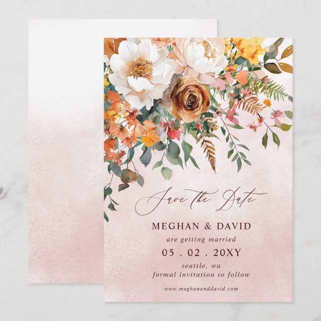 Save The Date Mariage de automne Floral Orange Rustique (Devant / Derrière)