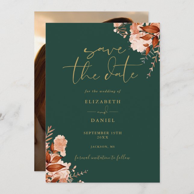 Save The Date Mariage de automne photo Emerald And Gold Rustic F (Devant / Derrière)
