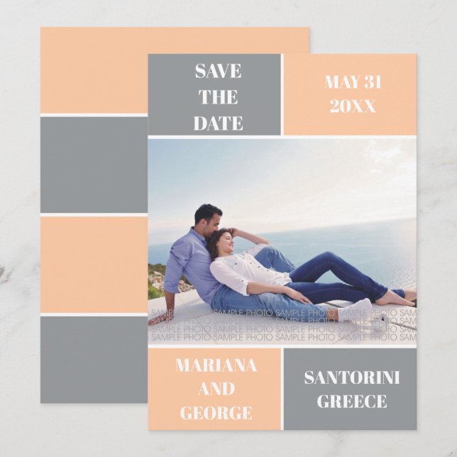 Save The Date Mariage de bloc couleur gris et pêche (Devant / Derrière)