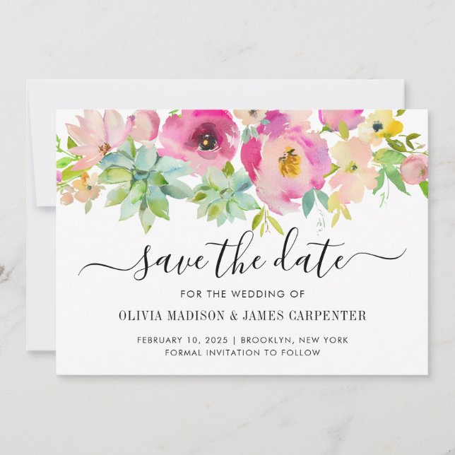 Save The Date Mariage de cactus succulents floraux rose vif mode (Devant)