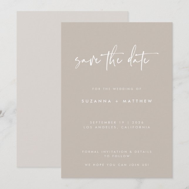 Save The Date Mariage de calligraphie manuscrite moderne Taupe b (Devant / Derrière)