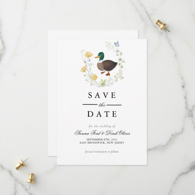 Save The Date Mariage de canard colvert aux fleurs sauvages (Devant/Arrière en situation)