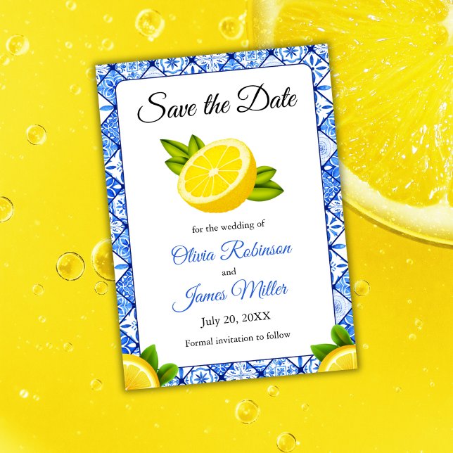 Save The Date Mariage de citron bleu méditerranéen italien (Mediterranean Italian Blue Tile Lemon Wedding Save The Date )