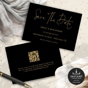 Save The Date Mariage de code QR Classy Black Gold Script