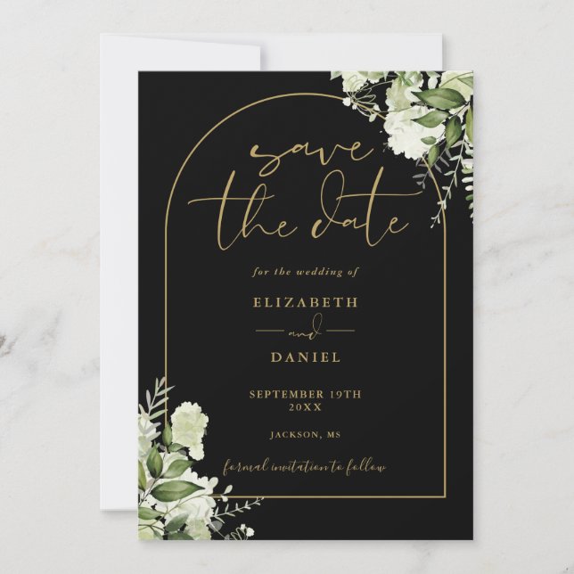 Save The Date Mariage de code QR Floral Black Gold Arch (Devant)