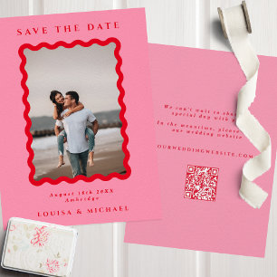 Save The Date Mariage de code QR rouge et rose Retro Wavame Fram