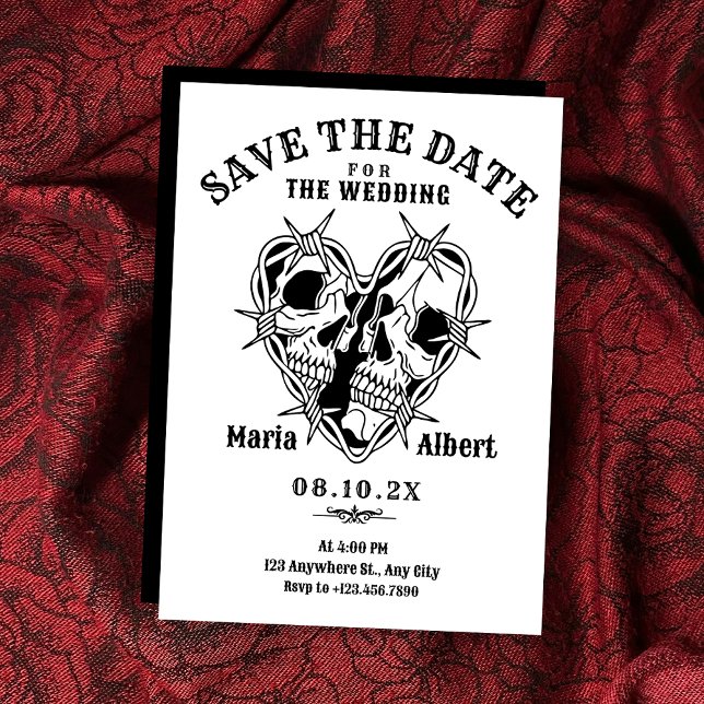 Save The Date Mariage de couple de crânes gothiques noir et blan (Créateur téléchargé)